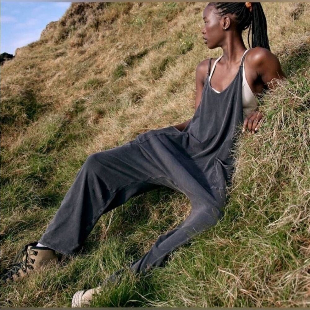 Free People Movement Hot Shot Gray Distressed Pockets Overalls Bohemian